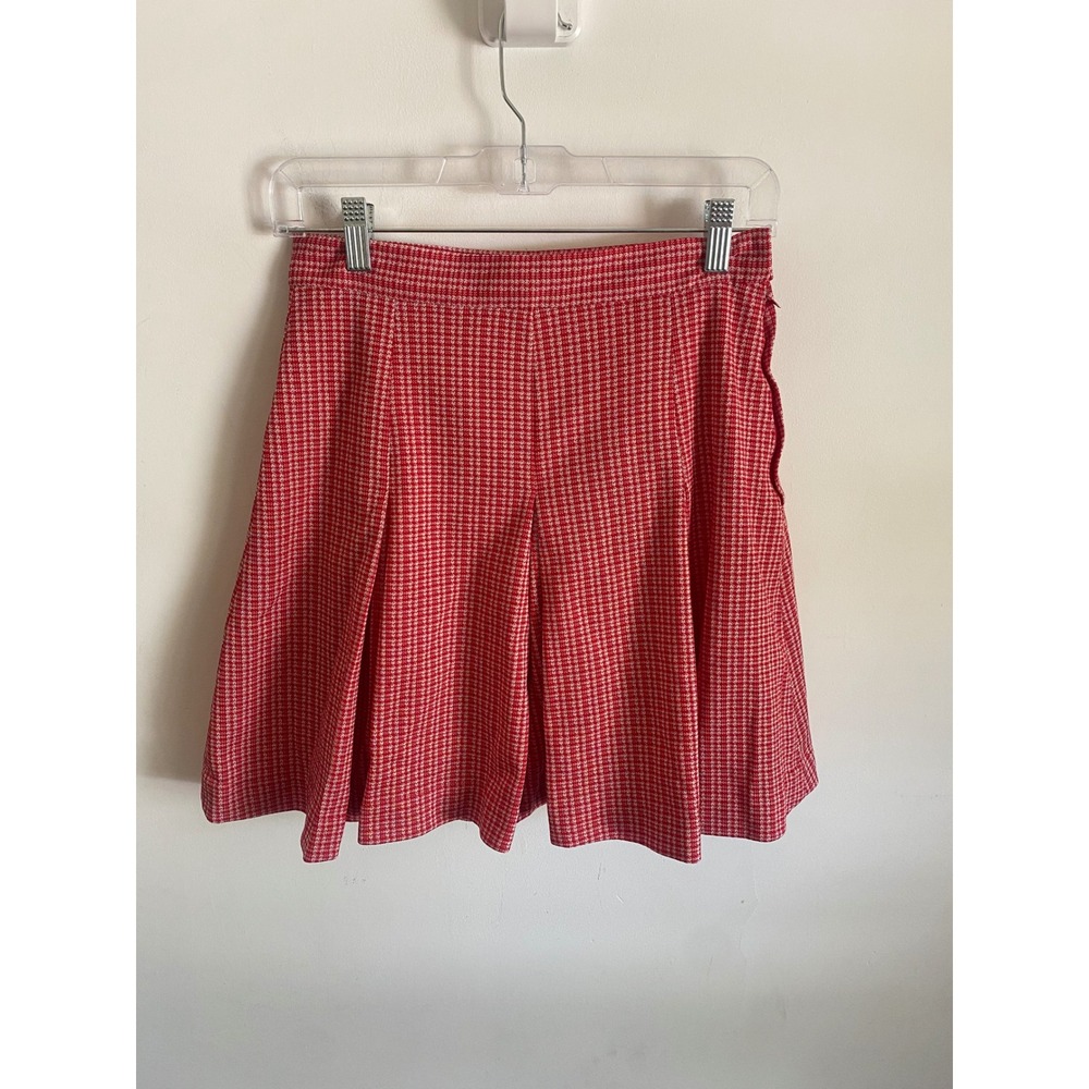 Vintage Red White Houndstooth Pleated Mini Skirt High Waisted Side Zip Preppy